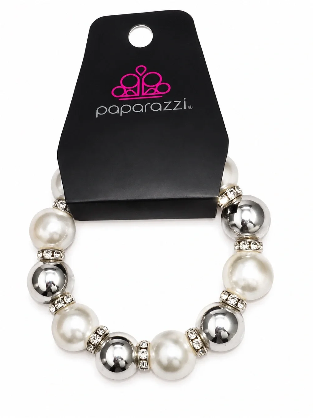 paparazzi Silver & White Pearl Stretch Bracelet with Rhinestone Accents